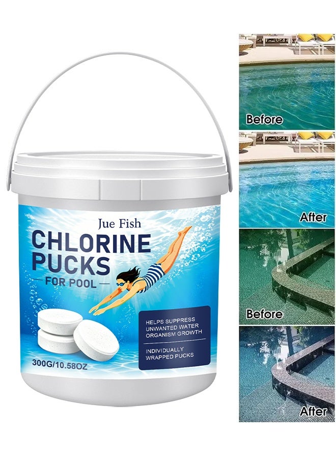 JUE FISH Chlorine Pucks For Pool, Chlorinating Tablets Clear Pool Cleaning Tablets, Eliminates Bacteria And Algae, Makes Water Clean And Crystal Clear, Sanitizes And Protects, For Swimming Pool Disinfection, 300g - Image 1