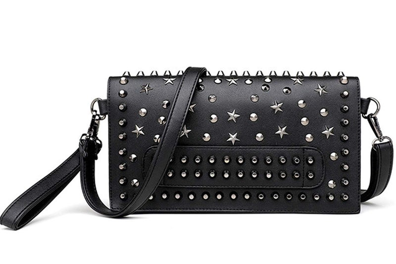 FiveloveTwo Women Small Punk Rivet Handbag Purse Clutch PU Satchel Shoulder Tote Top-handle Bag Black - Image 1