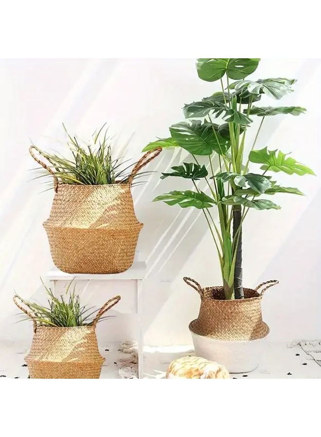 سلة يدوية صفراء من الخيزران المنسوج بمقبض لتخزين وديكور غرفة المعيشة - Image 4