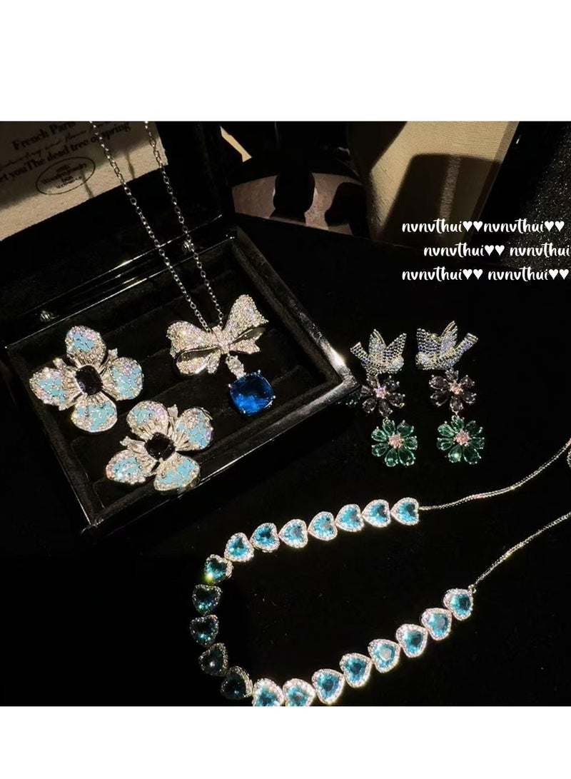 Jewelry Swiss Blue Love Gem Necklace with Bird Flower Zircon Set - Image 1