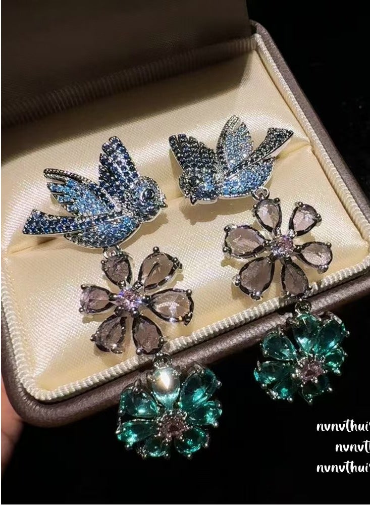 Jewelry Swiss Blue Love Gem Necklace with Bird Flower Zircon Set - Image 3