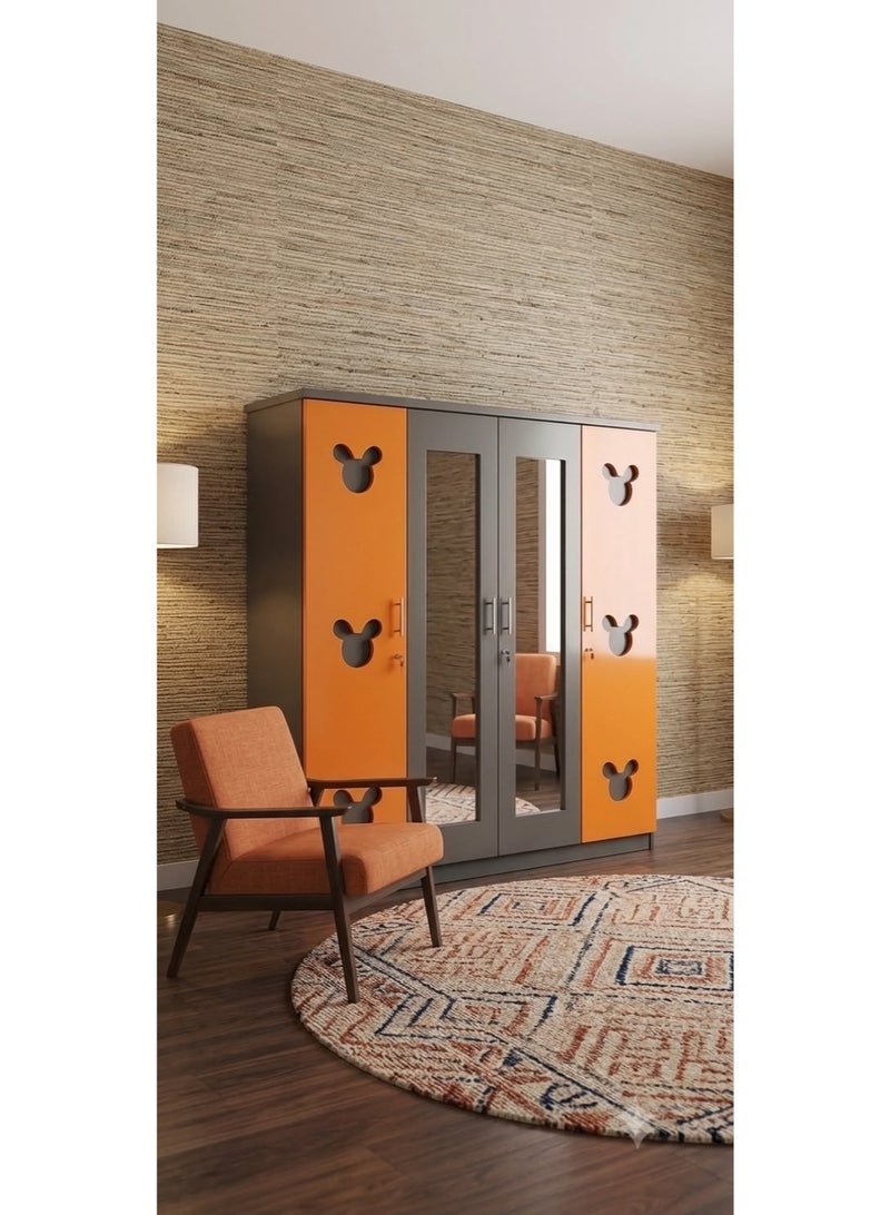 خزانة 4 أبواب بتصميم ميكي ماوس، خشب MDF، برتقالي وأبيض، 200x200x50 سم - Image 1