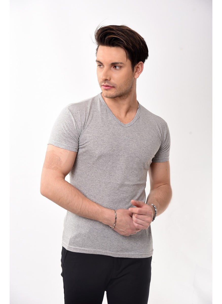 Belifanti Collection تي شيرت رجالي ضيق بسيط بقصة على شكل V رمادي  - Image 2