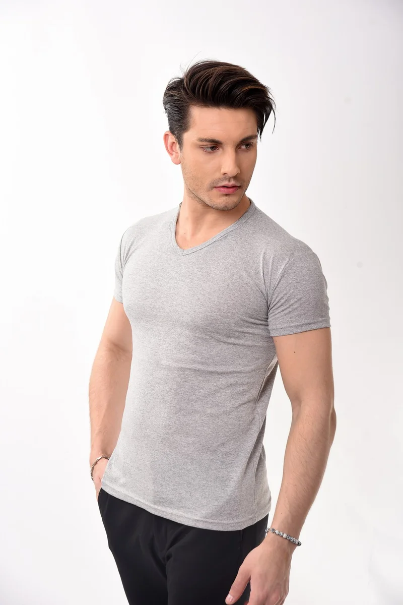 بيليفانتي كولكشن V-Neck Basic Slim Fit Men's T-Shirt Gray