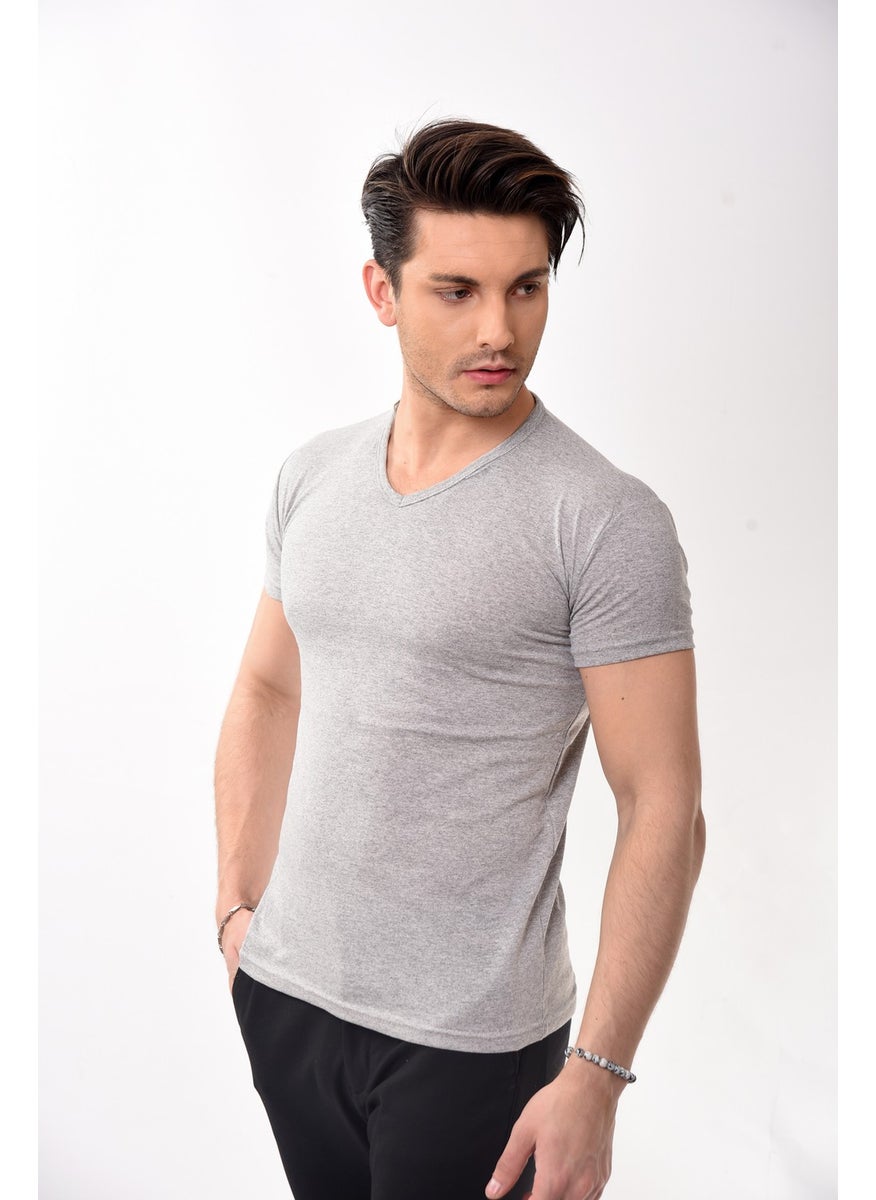Belifanti Collection تي شيرت رجالي ضيق بسيط بقصة على شكل V رمادي  - Image 3