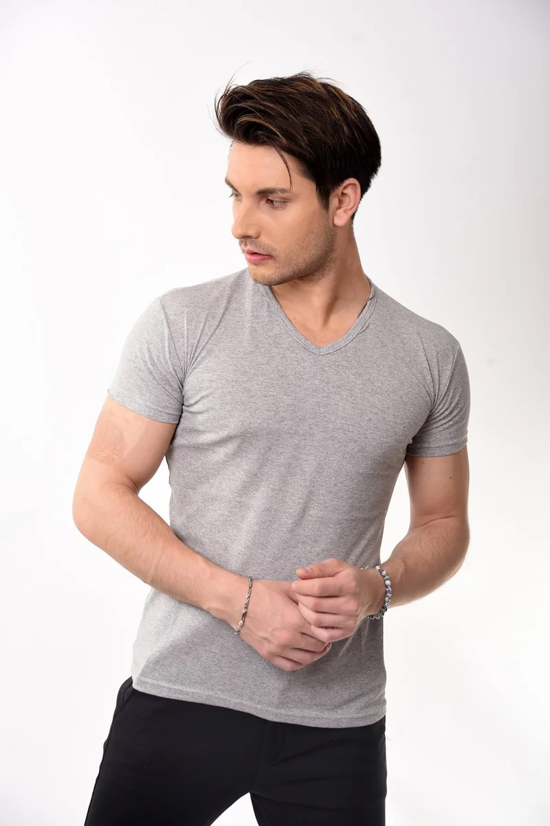 بيليفانتي كولكشن V-Neck Basic Slim Fit Men's T-Shirt Gray