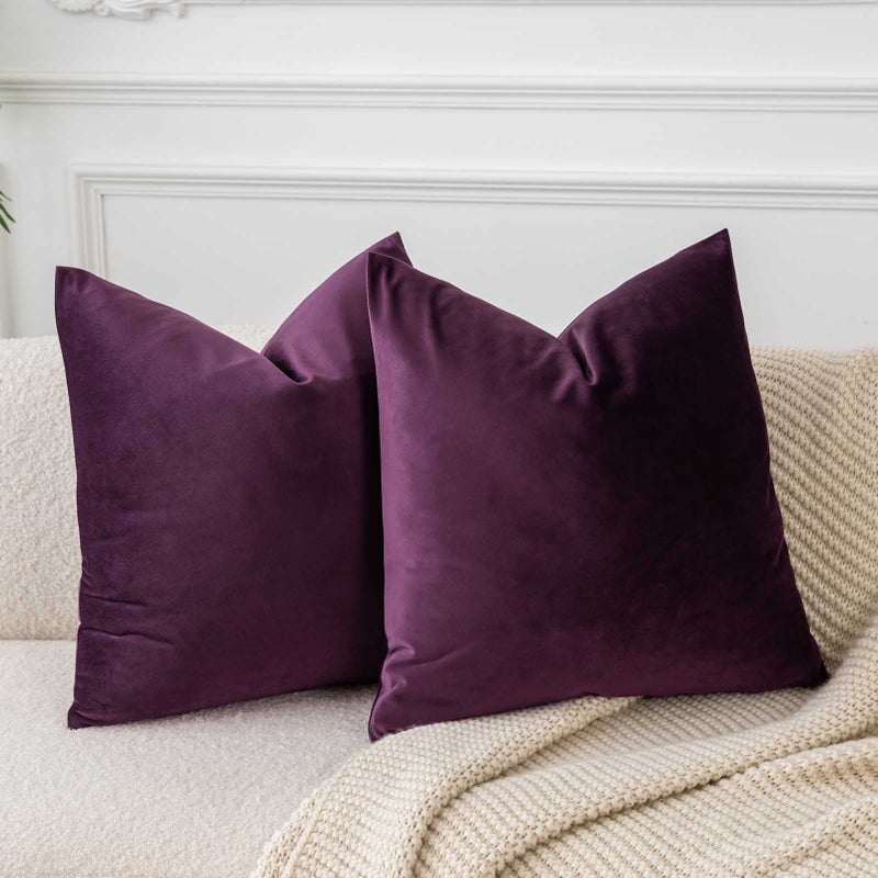 JUSPURBET Couch Pillow Covers Set of 2 Decorative Velvet Throw Pillow Covers Cases for Living Room Bedroom Home Decor Soft Cushion Covers with Hidden Zipper for Sofa Bed 16x16 inchEggplant Purple