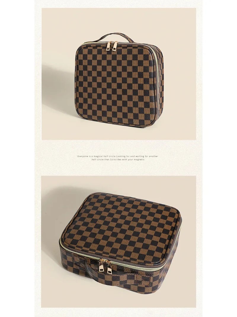 Checkered Large Capacity Makeup Bag with Adjustable Dividers, Portable Multilayer Cosmetic Organizer, Professional Travel Storage Bag for Makeup Artists & Daily Use - Image 3