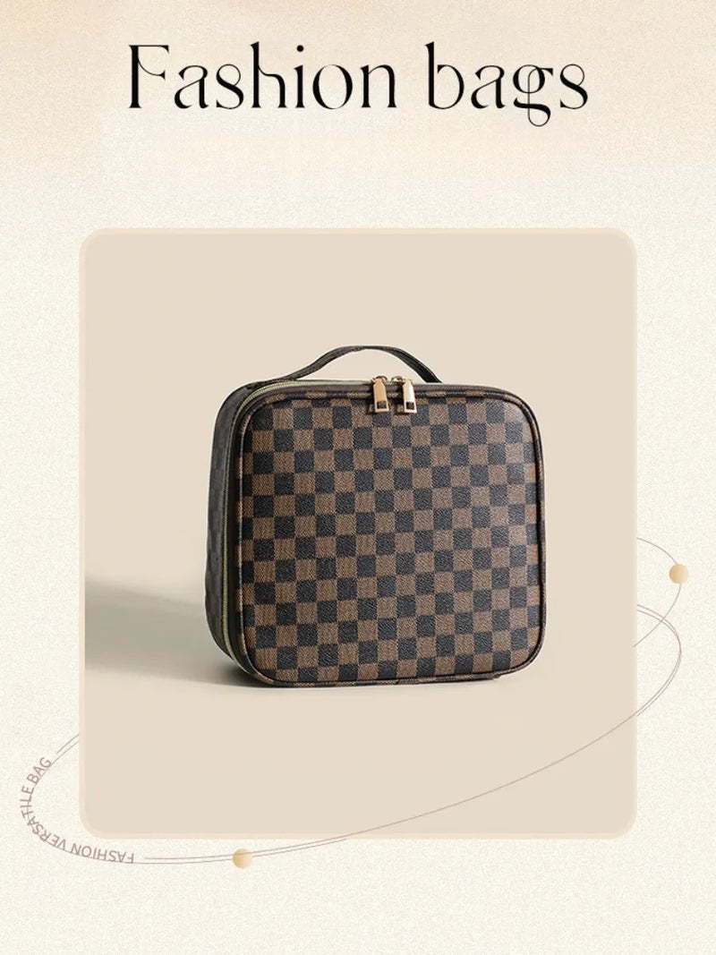 Checkered Large Capacity Makeup Bag with Adjustable Dividers, Portable Multilayer Cosmetic Organizer, Professional Travel Storage Bag for Makeup Artists & Daily Use - Image 1