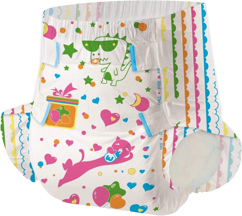 Adult Printed Diapers,XX-Large-Kitten and Dinosaur, 7 Pieces for Men and Women - Leak Protection Heavy Absorbency Protection Diapers