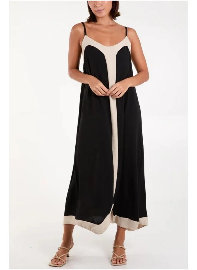 Hoxton Gal Black & Beige Colorblock Cami Midi Dress – Relaxed Fit