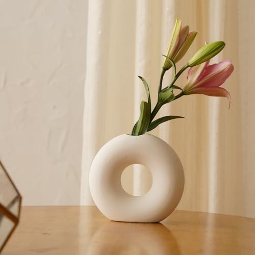 PUREZENTO White Ceramic 'Ring Donut Vase' Set of 2 (6 & 4 Inches) | Decorative Donut Ring Vase for Dried Flowers and Pampas Grass | Vases for Home Decor, Living Room, Office Decor Ideas - Image 5