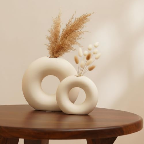 PUREZENTO White Ceramic 'Ring Donut Vase' Set of 2 (6 & 4 Inches) | Decorative Donut Ring Vase for Dried Flowers and Pampas Grass | Vases for Home Decor, Living Room, Office Decor Ideas - Image 3