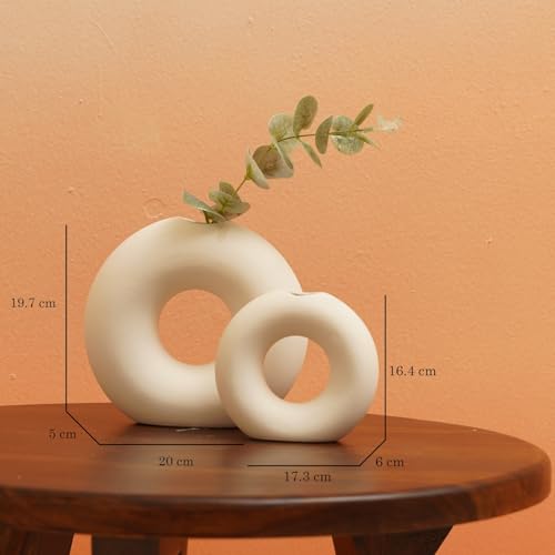 PUREZENTO White Ceramic 'Ring Donut Vase' Set of 2 (6 & 4 Inches) | Decorative Donut Ring Vase for Dried Flowers and Pampas Grass | Vases for Home Decor, Living Room, Office Decor Ideas - Image 2