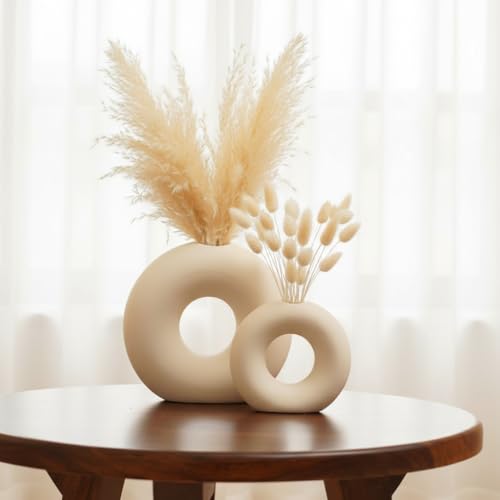 PUREZENTO White Ceramic 'Ring Donut Vase' Set of 2 (6 & 4 Inches) | Decorative Donut Ring Vase for Dried Flowers and Pampas Grass | Vases for Home Decor, Living Room, Office Decor Ideas - Image 4