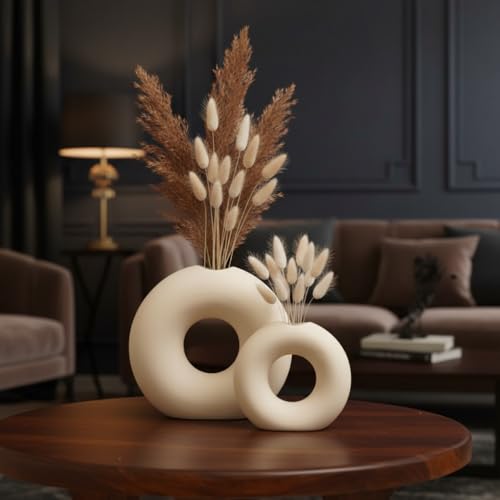 PUREZENTO White Ceramic 'Ring Donut Vase' Set of 2 (6 & 4 Inches) | Decorative Donut Ring Vase for Dried Flowers and Pampas Grass | Vases for Home Decor, Living Room, Office Decor Ideas - Image 1