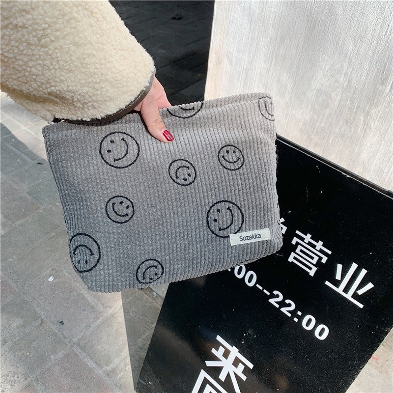 Corduroy Smile Face Makeup Bag Polka Dot Vintage Clutch Pouch gray smiley
