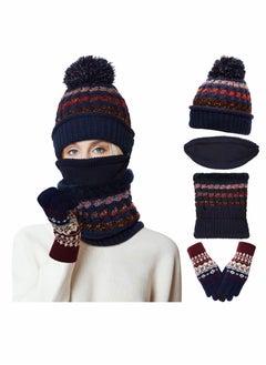 SYOSI 3 Pcs Womens Winter Beanie Hat Scarf Mask Golves Set, Warm Fleece Lined Ski Hat with Scarf Face Mask Touchscreen Mitten with Pom Pom for Girls  - Image 1