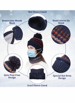 SYOSI 3 Pcs Womens Winter Beanie Hat Scarf Mask Golves Set, Warm Fleece Lined Ski Hat with Scarf Face Mask Touchscreen Mitten with Pom Pom for Girls  - Image 2