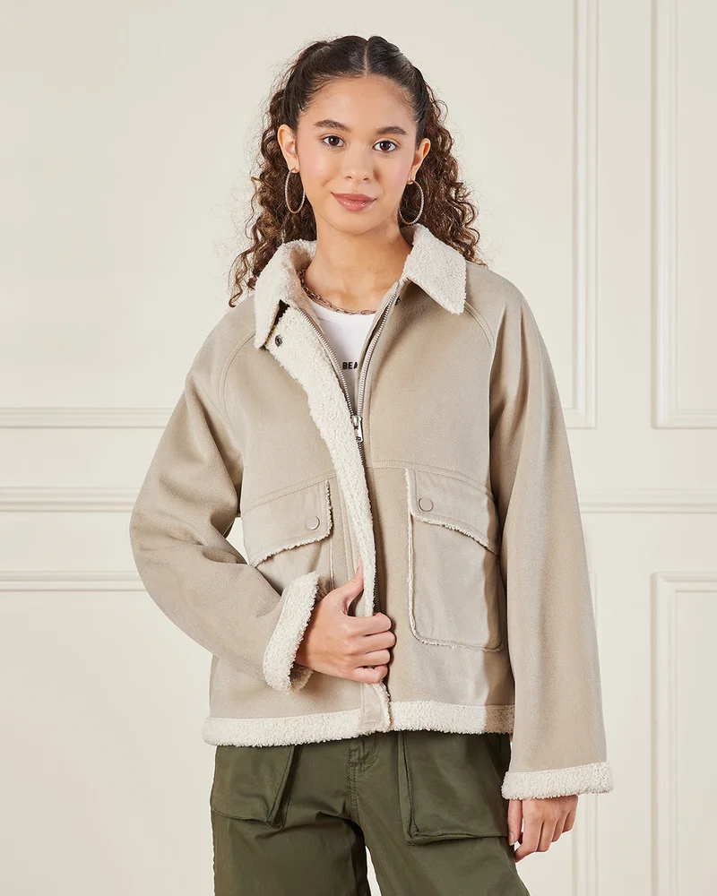 REDTAG Senior Girls Beige Embellished Jackets With Sherpa Lining