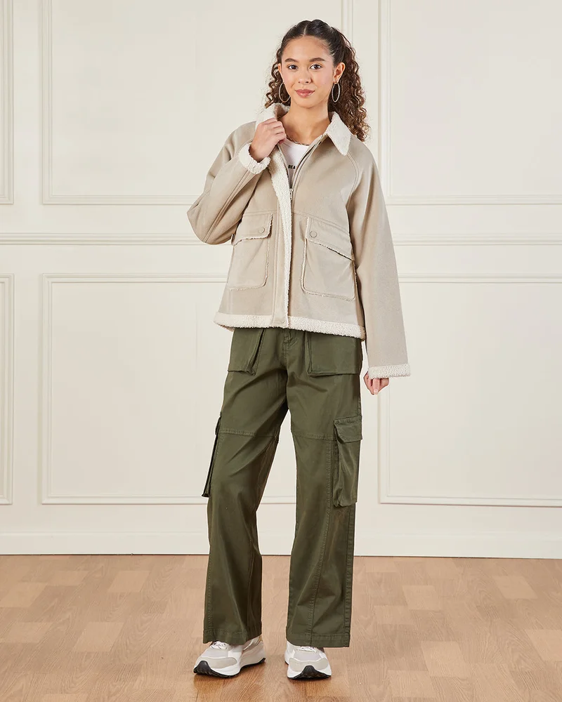 REDTAG Senior Girls Beige Embellished Jackets With Sherpa Lining