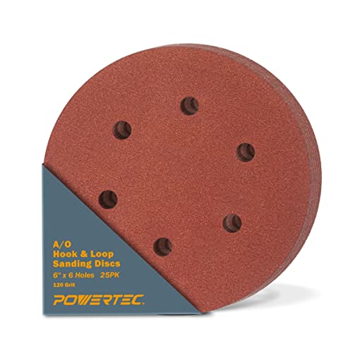 POWERTEC 120 Grit, 25 PK, 6 Inch Sanding Discs – Hook and Loop, 6-Hole Aluminum Oxide Orbital Sander Pads, Woodworking & Paint Round Sandpaper for Random Orbital, Air, Pneumatic & DA Sanders (45212) - Image 1