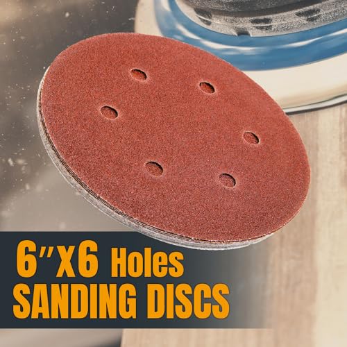 POWERTEC 120 Grit, 25 PK, 6 Inch Sanding Discs – Hook and Loop, 6-Hole Aluminum Oxide Orbital Sander Pads, Woodworking & Paint Round Sandpaper for Random Orbital, Air, Pneumatic & DA Sanders (45212) - Image 2