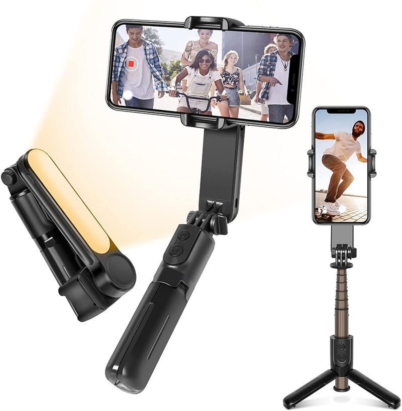 Hold Up Selfie Stick Tripod Gimbal Stabilizer for Smartphone with Fill Light Wireless Remote Control 360° Rotation Auto Balance Stabilizer Portable Phone,iPhone,Samsung,Android,Gopro,Small Camera - Image 1