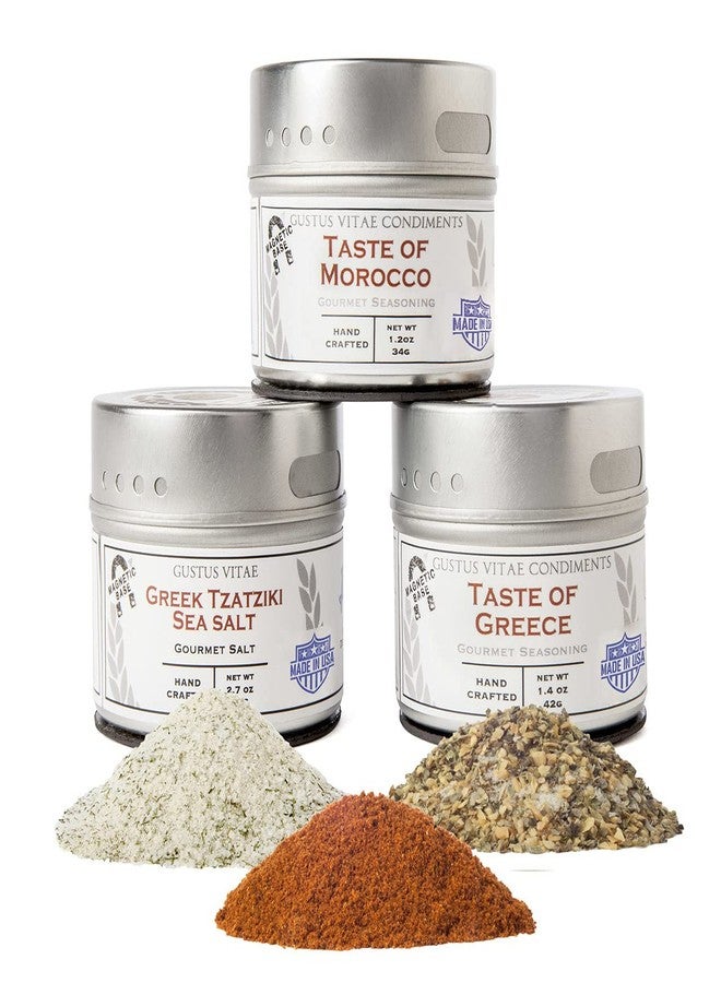 GUSTUS VITAE Mediterranean Gourmet Seasoning Collection | Non GMO Verified | 3 Magnetic Tins | All Natural | Ultra Premium | Sustainably Sourced | GLP-1 Friendly | Made in USA | Artisan Spice Blends and Sea Salts | Hand Crafted | Made in Small Batches | Gustus Vitae | All Occasion Gift - Image 1