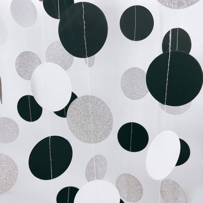 AKIO CRAFT Black White Hanging Paper Party Garlands Glitter Silver Circle Dots Baby Shower Birthday Ceiling Hangings Wedding Bridal Shower Halloween Party Decorations  26ft - Image 3