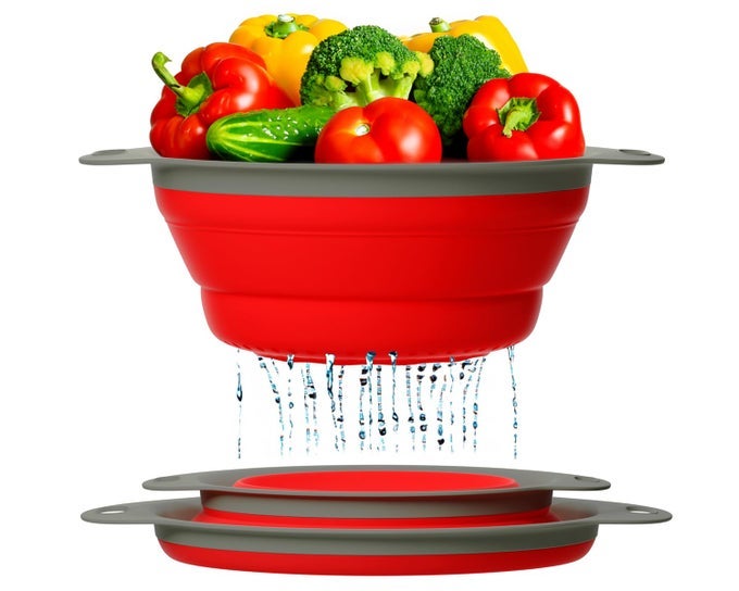 ULTIMATE KITCHEN STRAINERS SET OF 2 COLLAPSIBLE SILICONE COLANDERS FOR EASY STORAGE BY USE WITH PASTA VEGGIES OR AS A FRUIT OR BERRY BOWL WITH STRAINER IRREPLACEABLE FOR CAMPERS RED