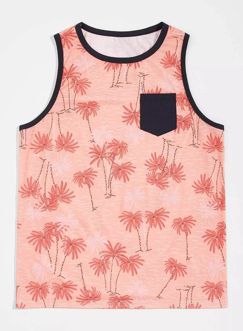 Men Palm Tree Print Pocket Front Tank Top - Image 4