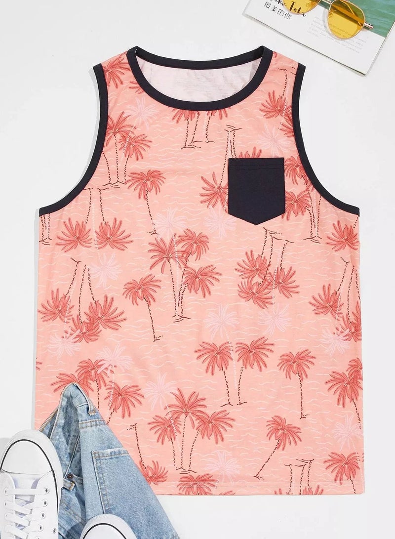 Men Palm Tree Print Pocket Front Tank Top - Image 1