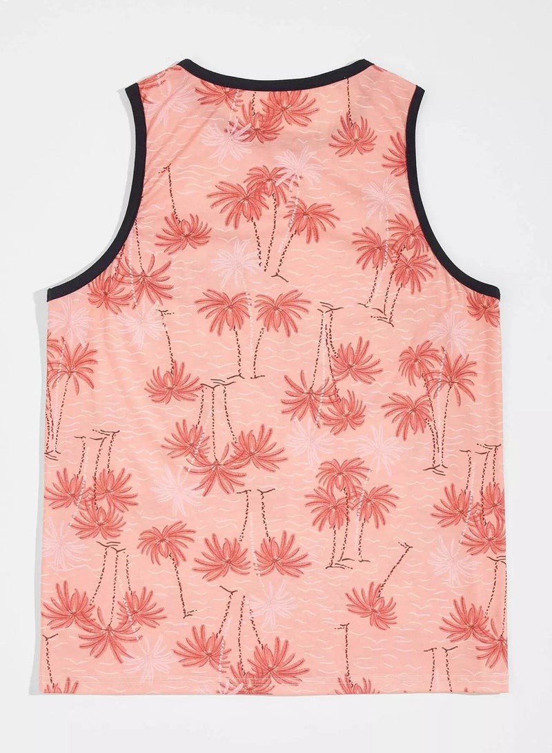 Men Palm Tree Print Pocket Front Tank Top - Image 2