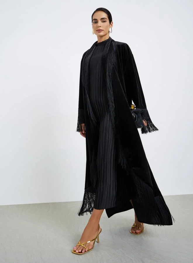 Amirah Women Front Open Velvet Look Abaya with Tassel
