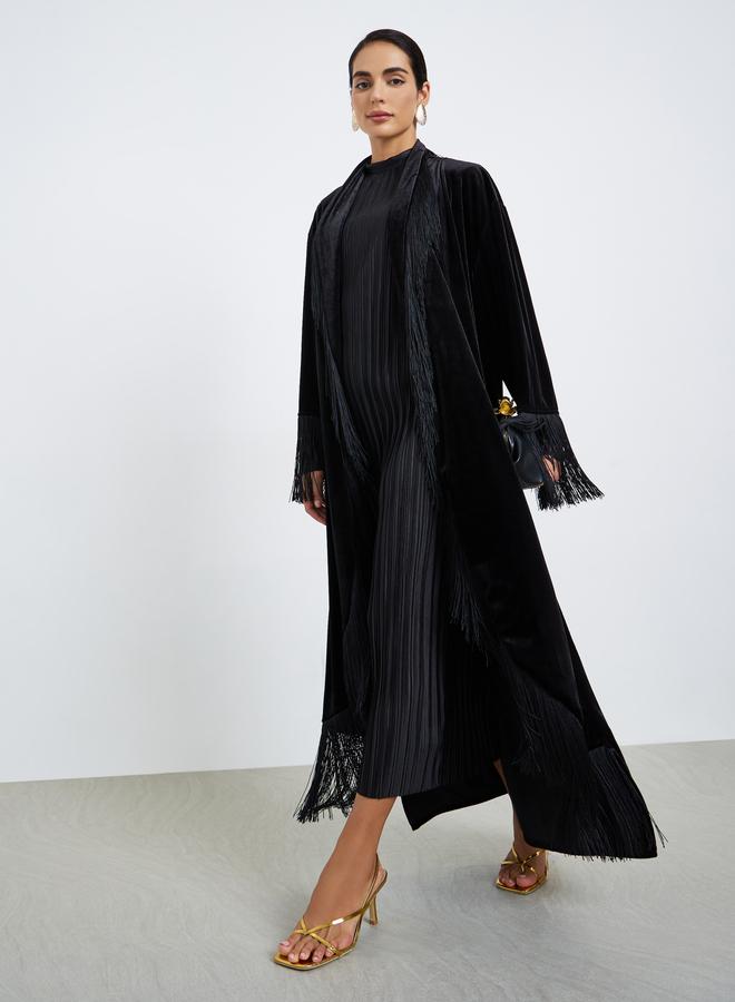 أميرة عباية مفتوحة من الامام بمظهر مخمل مع شراشيب - Image 2