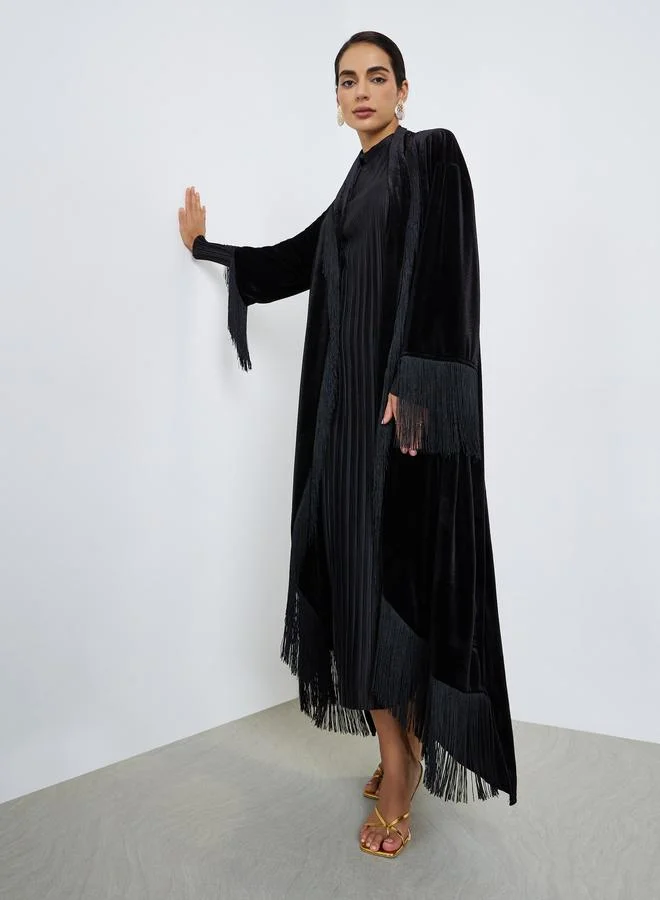 Amirah Women Front Open Velvet Look Abaya with Tassel