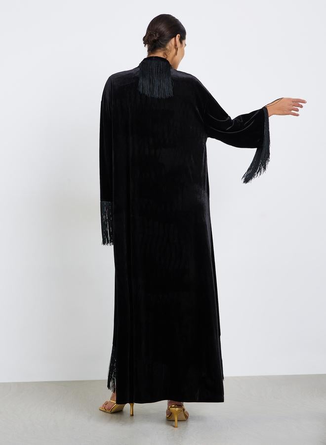 أميرة عباية مفتوحة من الامام بمظهر مخمل مع شراشيب - Image 5