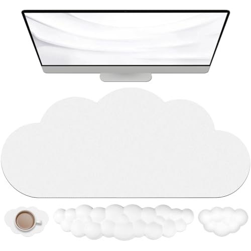 JIKIOU Cloud Keyboard Mouse Pad Set Large Gaming Mouse Pad Keyboard Wrist RestMousepad with Wrist RestCoaster 4 in 1 Memory Foam Desk Mat Ergonomic Hand Rest Wrist Cushion White - Image 1