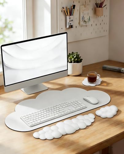 JIKIOU Cloud Keyboard Mouse Pad Set Large Gaming Mouse Pad Keyboard Wrist RestMousepad with Wrist RestCoaster 4 in 1 Memory Foam Desk Mat Ergonomic Hand Rest Wrist Cushion White - Image 3