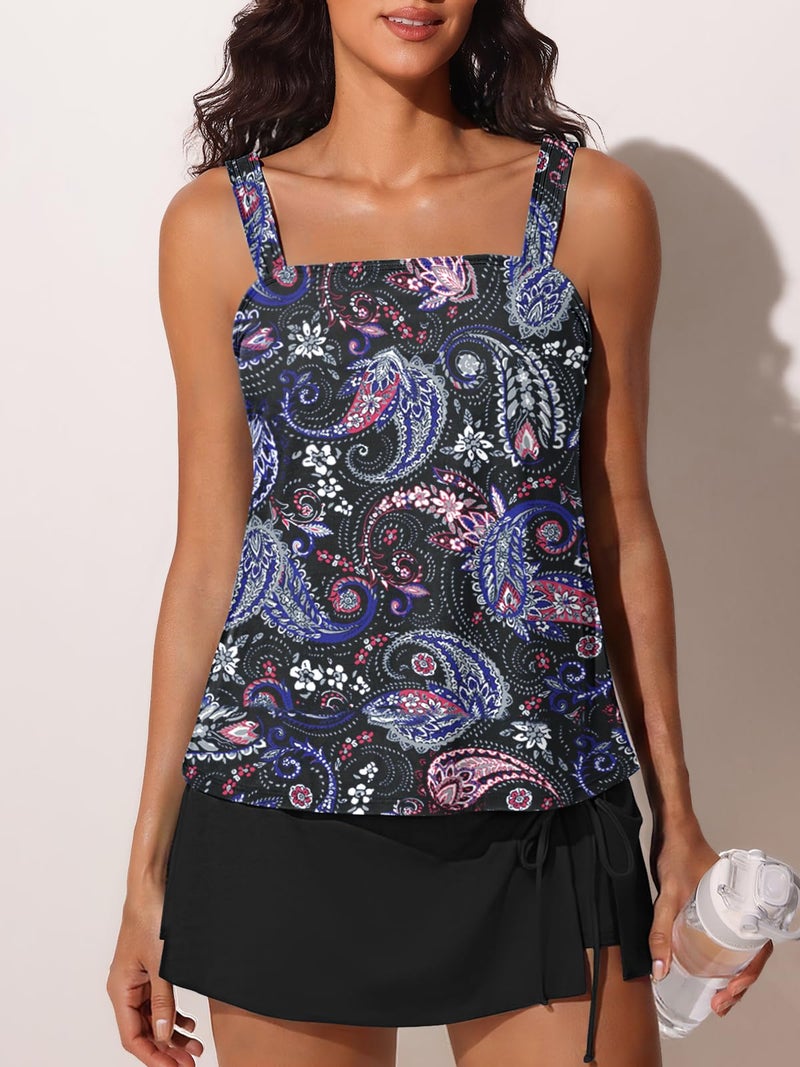 Summer Mae Women's Tankini Swimsuits with Skirt Two Piece Tummy Control Bathing Suits Printed Swimdress Swimwear 2026 Black Paisley Size 12 - Image 3