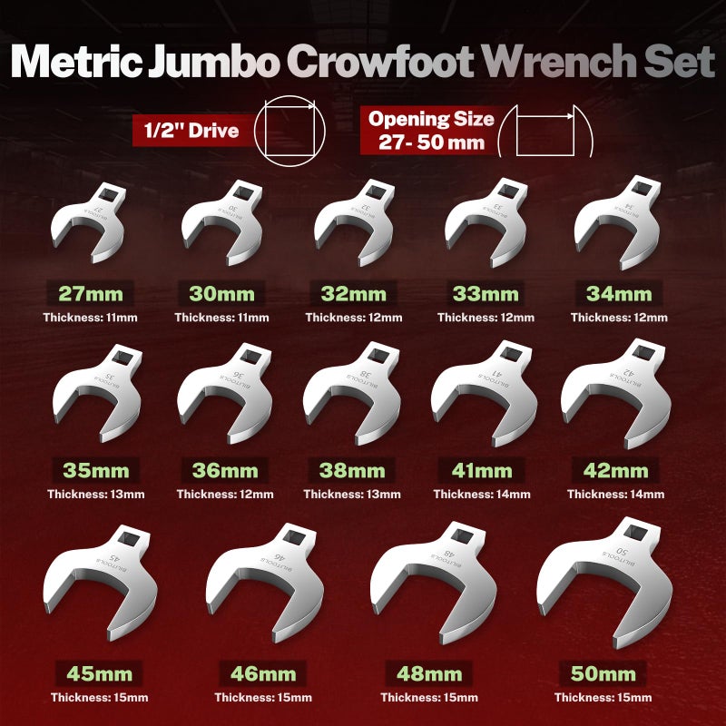 BILITOOLS 14-Piece Jumbo Crows Foot Wrench Set, 1/2" Drive Big Crowfoot Wrench, Metric, 27-50 mm, CR-V Steel - Image 4