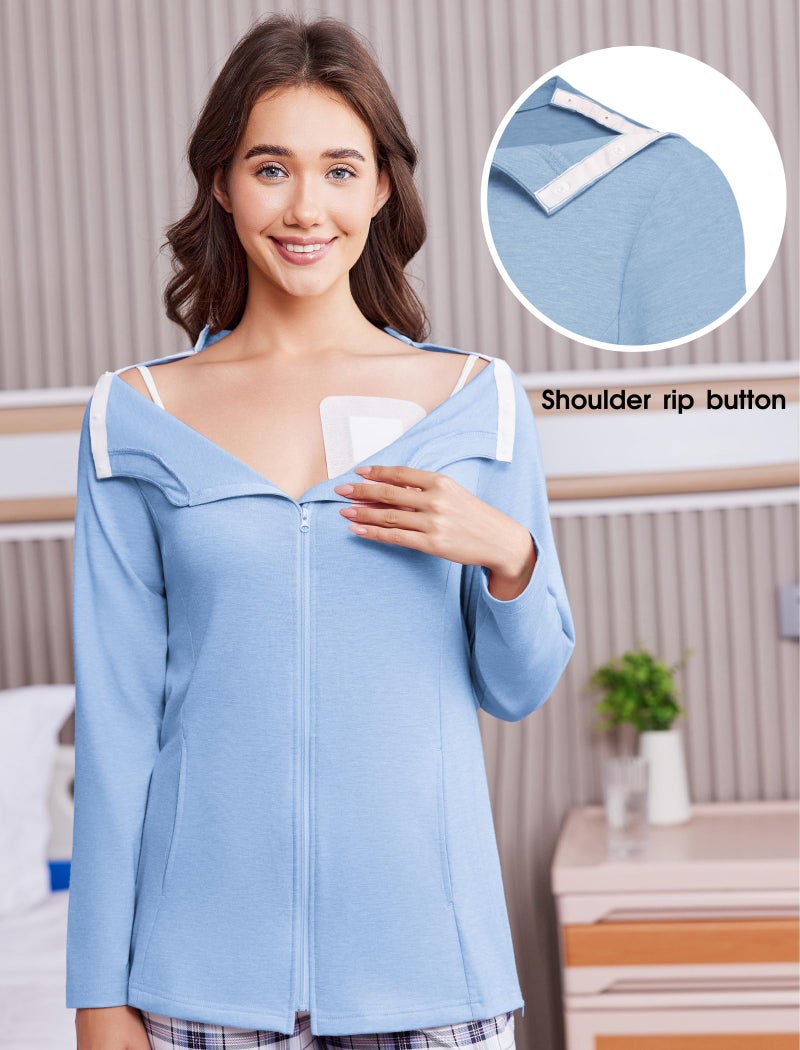 Deyeek قمصان دياك لاستئصال الثدي مع جيوب للصرف بعد جراحة الكتف للنساء، قميص كيميائي بأكمام طويلة مع سحابات - Image 2