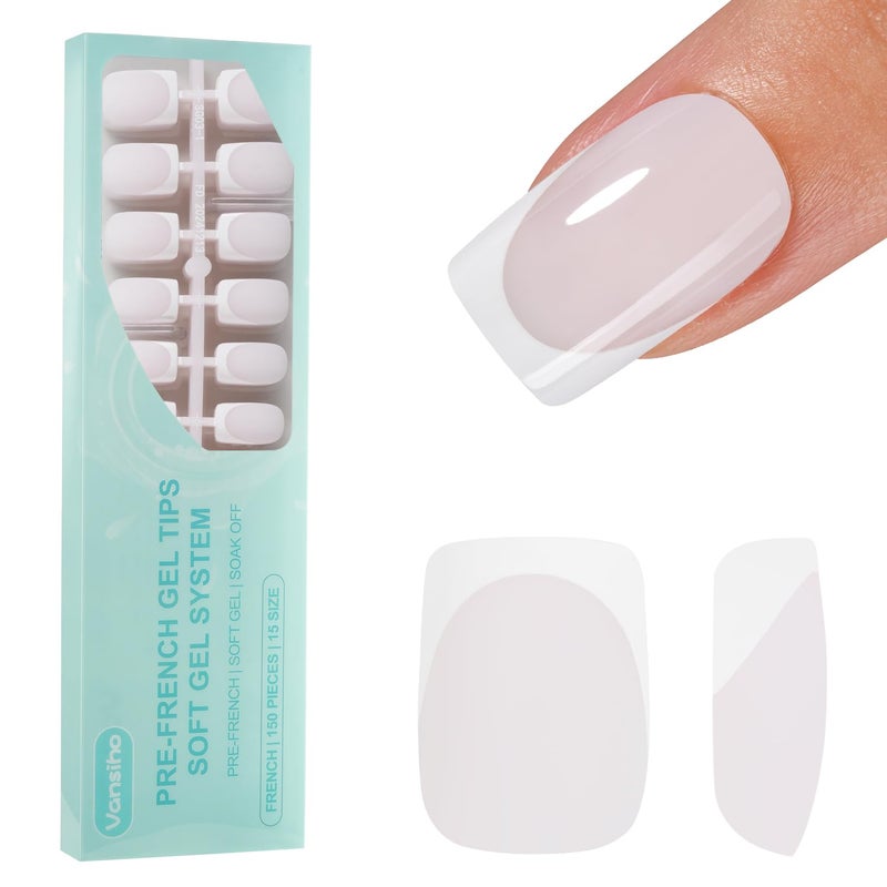 VANSIHO 150Pcs French Gel Nails, Vansiho White French Tip Press on Nails, Milky White Short Square Soft Gel Nail Tips, Acrylic Fake Nails for Nail Art DIY 15 Sizes - Image 1