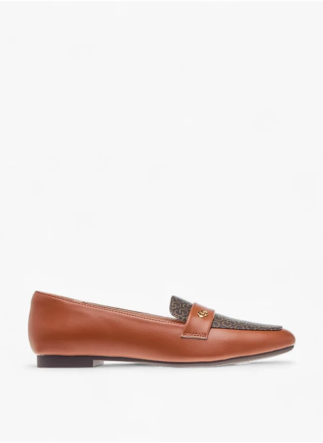 Celeste Womens Monogram Print Slip-On Loafers With Metal Accent