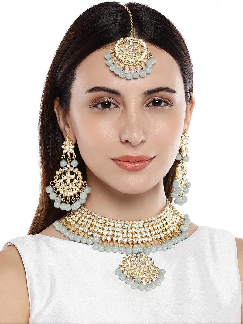 Aheli Indian Traditional Maang Tikka with Kundan Necklace Earrings Set Ethnic Wedding Party Designer Jewelry for Women - Image 2