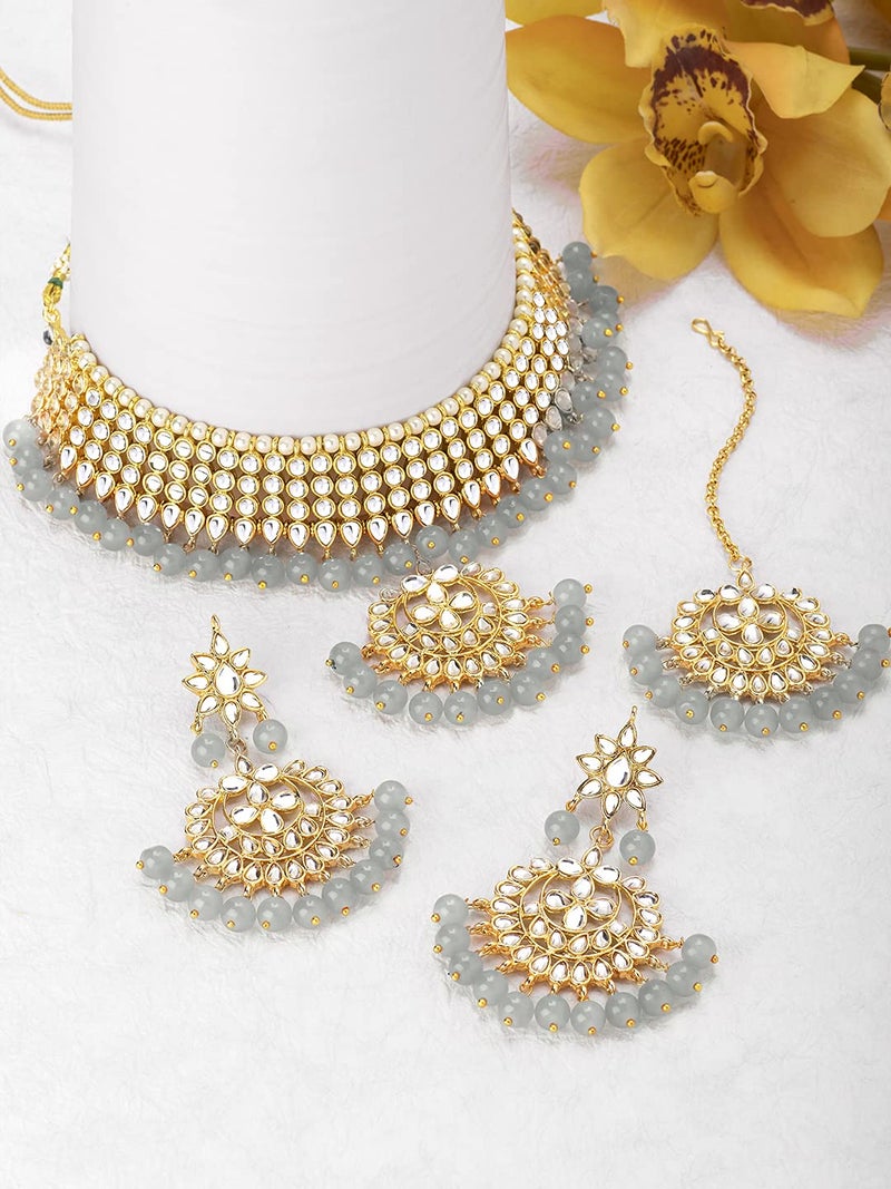 Aheli Indian Traditional Maang Tikka with Kundan Necklace Earrings Set Ethnic Wedding Party Designer Jewelry for Women - Image 3