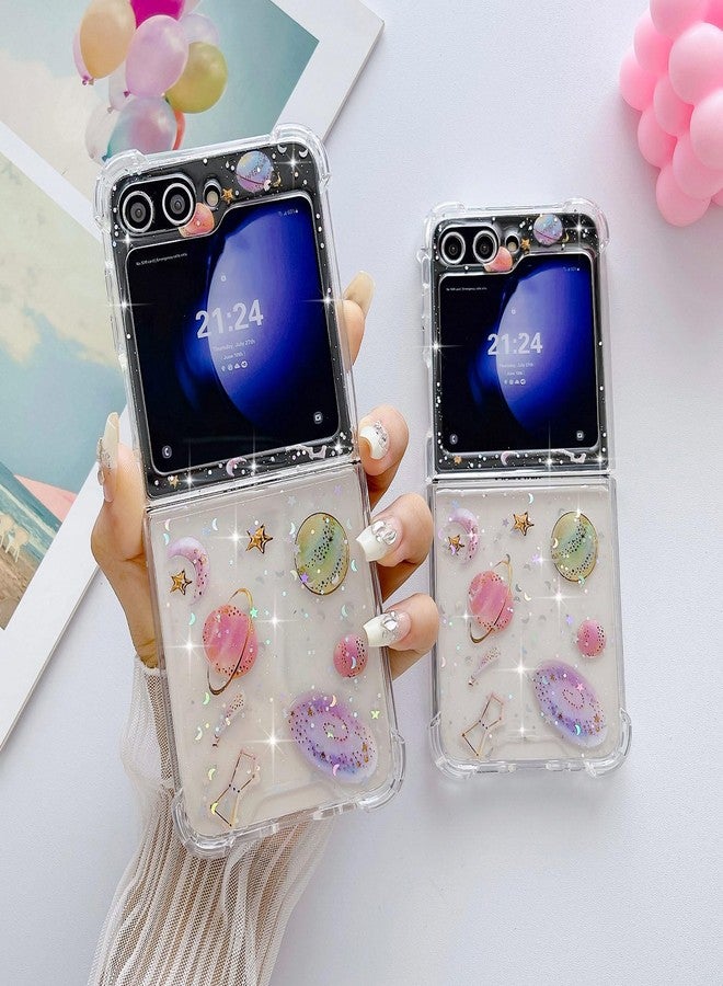 جراب LCHULLE لهاتف سامسونج جالاكسي Z Flip 5 5G، بتصميم لامع وجذاب، مقاوم للصدمات، مناسب للفتيات والسيدات. يتميز بتصميم قمر ونجوم وكواكب براقة، وغطاء شفاف لهاتف سامسونج Flip 5 5G (2023). - Image 5