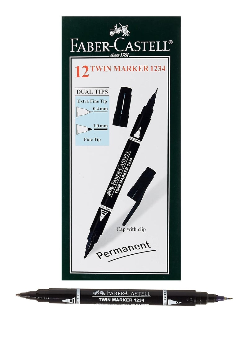 FABER-CASTELL 12-Piece Dual Tip Twin Permanent Marker Black Ink  - Image 1