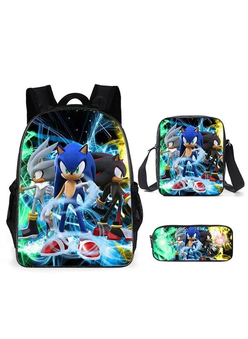 Polyester 3D Sonic Printed 3 In1 School Backpack with Shoulder Bag and Pencil Case for Kids 15.7in Set of 3 Pieces - Image 1